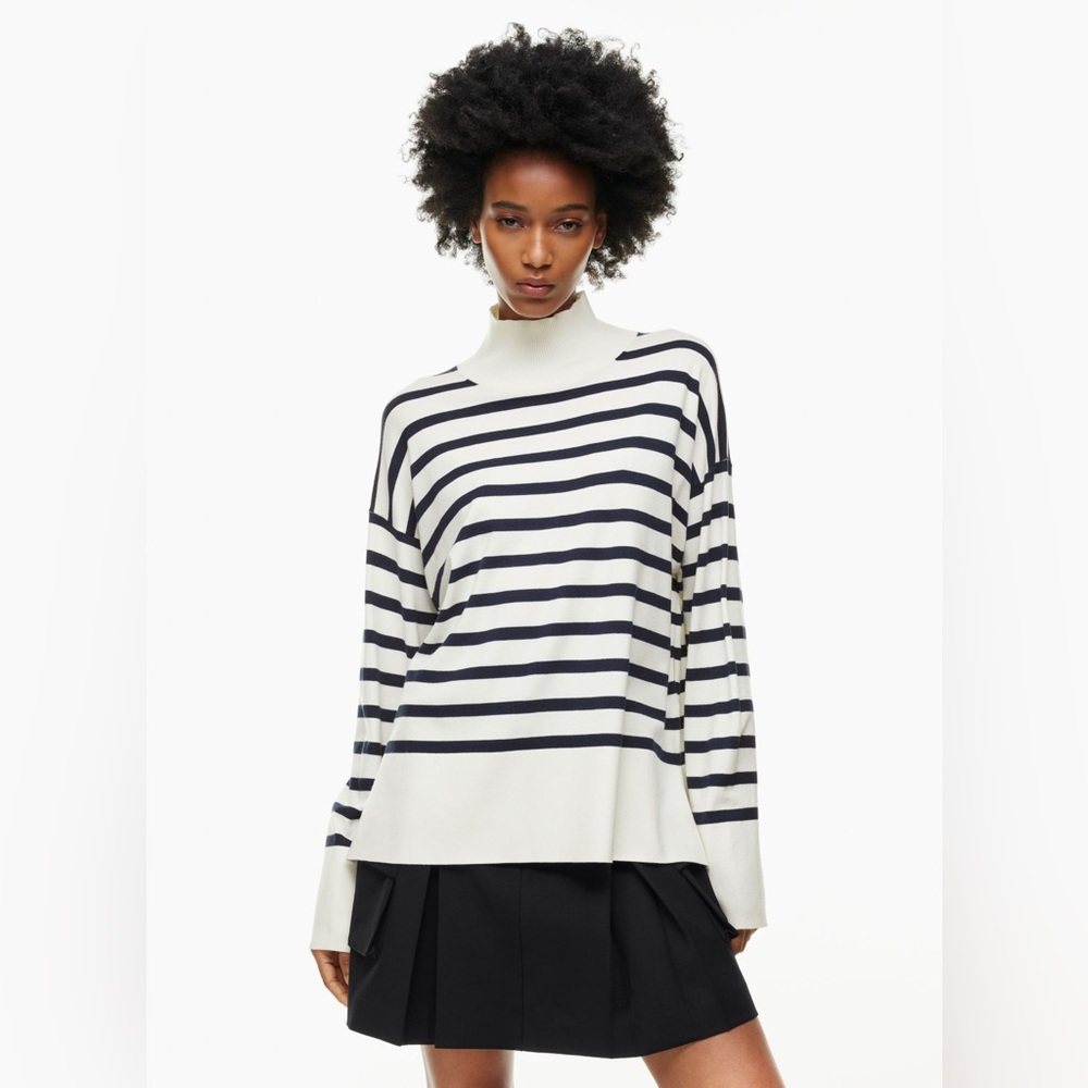Aritzia Cream and Black Striped Turtleneck Sweater